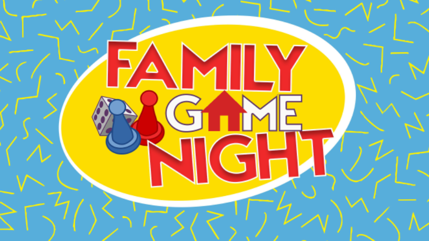 Family Game Night text showing board game pieces